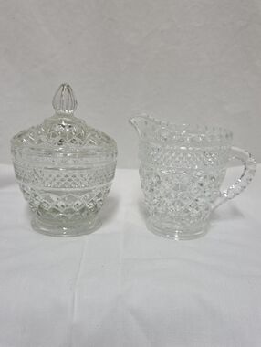 Vintage Anchor Hocking Wexford Glass Sugar Bowl With Lid And Creamer Set